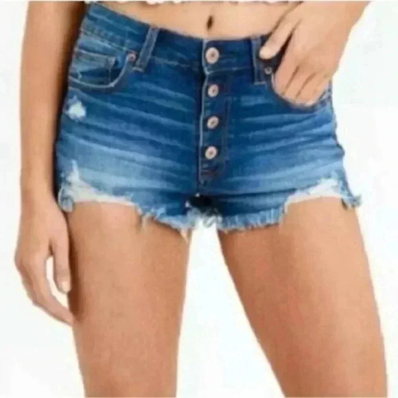 American Eagle Hi-Rise Shortie Jean Shorts Distressed Button Fly Medium  Wash 12 - Picture 1 of 11
